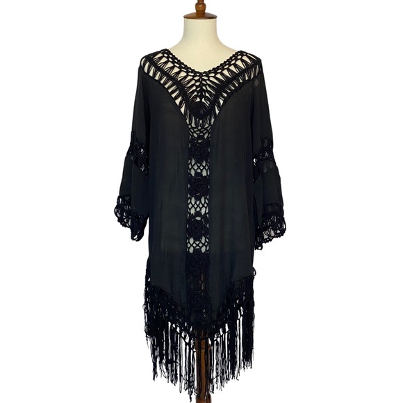 Bohemian Black Beach Bikini Coverup with Fringe - Picture 7 of 16